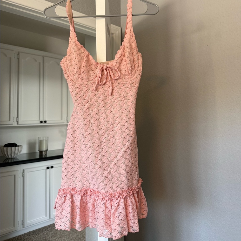 MESHKI Pink Crochet Lace Ruffle Mini Dress XS